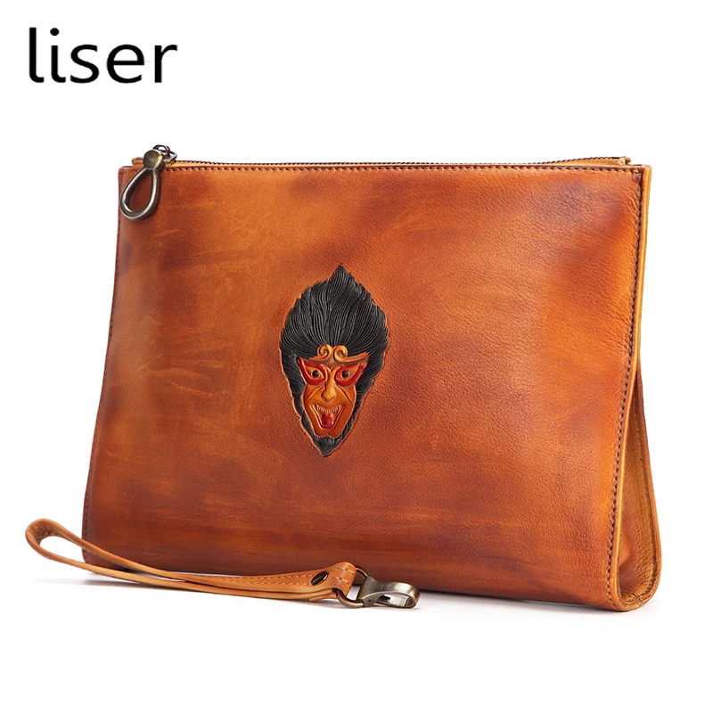 

New Men's Genuine Leather Retro Nostalgic Monkey Head Totem Color Hand Bag Man Simple Cowhide Mobile Phone Clutch With Strap