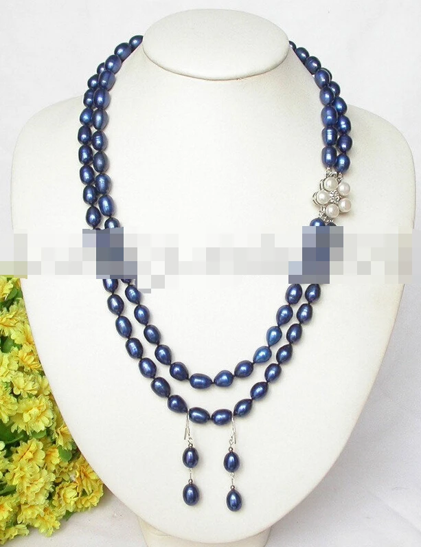 

free shipping 07793 Genuine navy blue rice pearls necklace earrings hot
