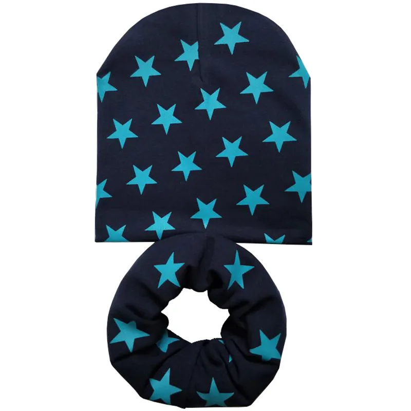 Navy star set Осенне-зимние детские шапочки, шапка, шарф, хлопковая детская шапка, принт со звездой, для мальчиков и девочек, для детей ясельного возраста, шапка, вязаная крючком, детская шапка, шарф - Цвет: Navy star set