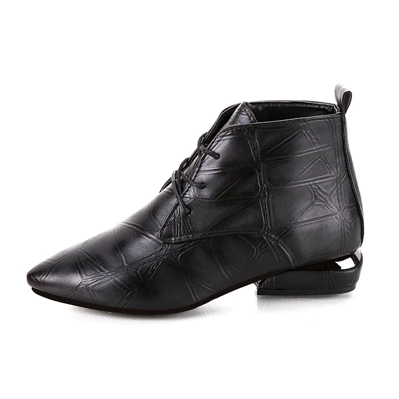 Zanpace/женские ботинки; Модные женские ботильоны с острым носком; женская обувь на шнуровке; кожаные ботинки на низком каблуке; повседневные ботинки черного и красного цвета - Цвет: Черный