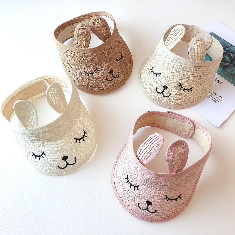 1-3 Years Summer Children's Straw Hat Cat Baby Rabbit Ears Empty Top Cap Casual Shade Sunscreen Korean Boy Girl Beach Sun | Детская