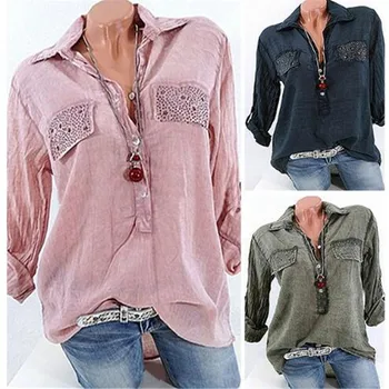 

Women Large size Blouse 2019 spring summer openwork lace long-sleeved shirt solid color large V-neck casual Shirt S-5XL
