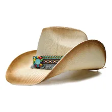 LUCKYLIANJI Для женщин Для мужчин летние соломенные пляжные ковбой Западные Пастушка фетровая шляпа кисточкой Бирюзовый бисера кожаный ремешок(58 см