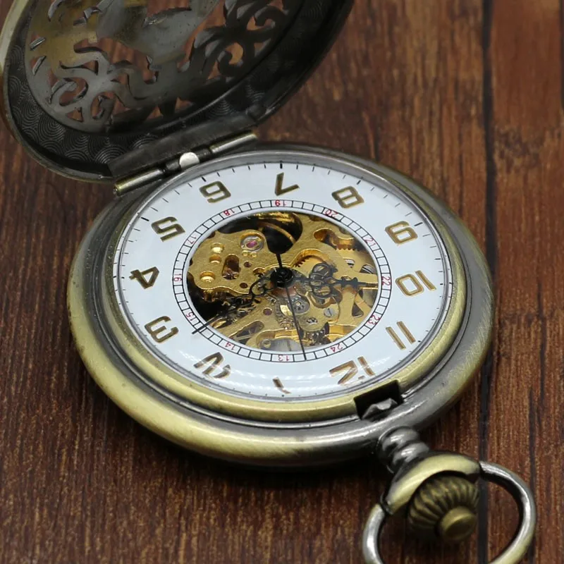 Модные серебряные благородные автоматические механические ручные карманные часы с большой цепочкой карманные часы