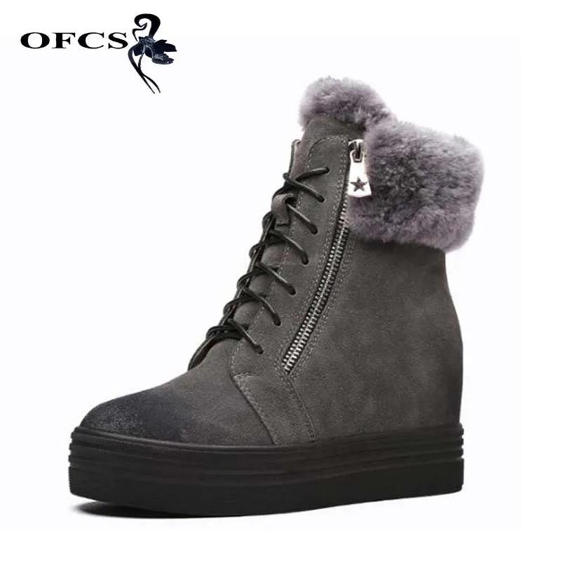

OFCS Women Winter Boots Cow Leather Warm Platform Snow Ankle Boots Women Casual Shoes Round Toe Sneakers Female Botas Mujer