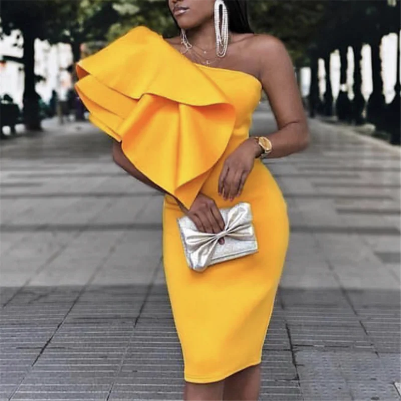 Najtaniej Kobiety żółte sukienki na imprezę jedno ramię nieregularne falbany Sexy randki kolacja wieczorowa odzież klubowa wąska obcisła Femme pakiet Hip szaty