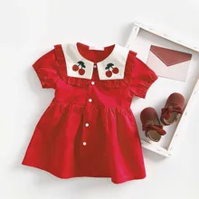 Новинка г.; Летние платья для девочек; красное хлопковое праздничное платье принцессы с короткими рукавами и вышивкой вишни; одежда для малышей; красивые детские платья