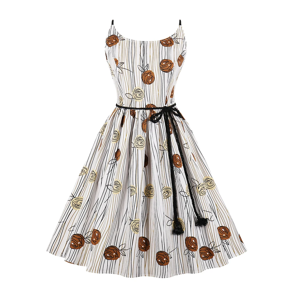 

Big Size Youthful Midi Dress Plus Size Floral+stripe Swing Dresses O-neck Sleeveless Sundress Vintage Vestidos with Linen String