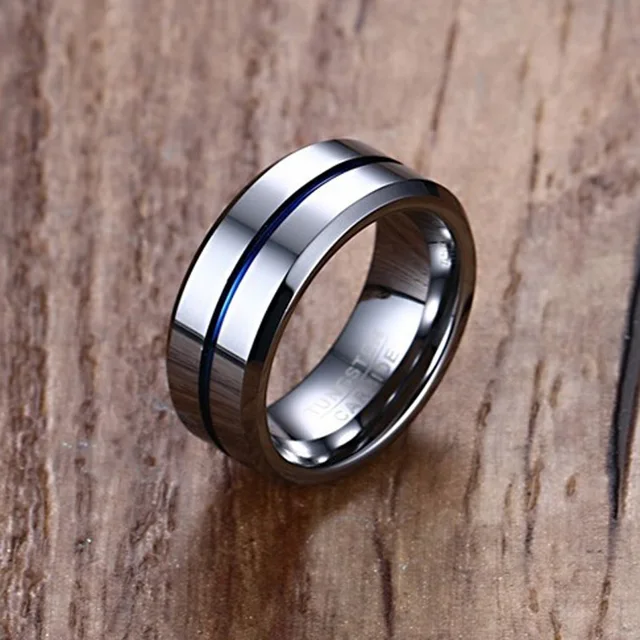 Mens Rings Tungsten Carbide Ring For Men Silver Color Blue Line Mens Rings Tungsten Carbide Ring For Men Silver Color Blue Line Groove Inner Matte
