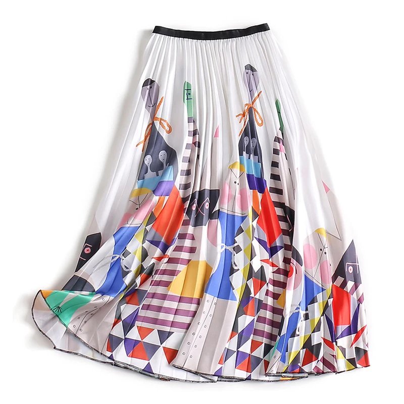 

2019 Unique Designer Women Eleagnt Cute Cartoon Printing Skirt Elastic Waist Casual Designer Quality Pleated Skirts Saia
