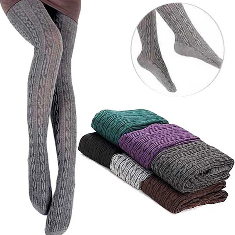 Sale Womens Winter Knit Warm Cotton Pantyhose Stockings Polyester Solid