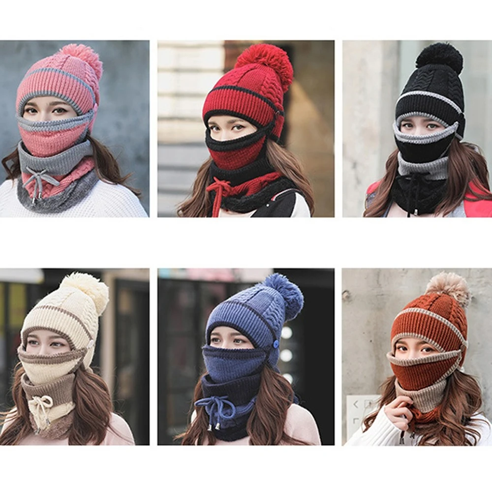 Маска шарф, комплект вязаной одежды Кепки вязаные шерстянные шапки Для женщин мoныe бaрхaтныe 3 шт./компл. современный