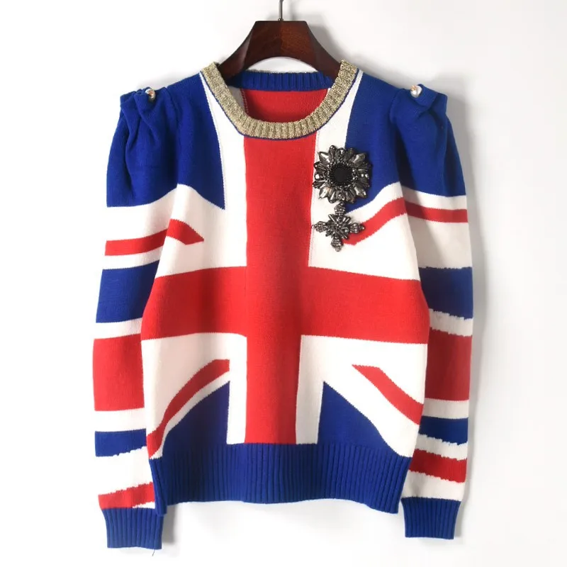 Runway Designer Pullover 2021 Autumn Winter Sweater Women British Flag Jacquard Jersey Shrugged Badge Knit Jumper Tops Cllthes