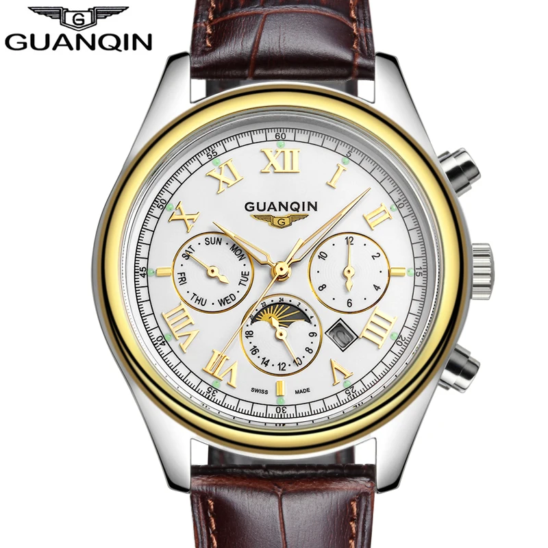 

GUANQIN Luxury Brand Men Watches Casual Mens Business 24 Hours Date Luminous Quartz Watch Leather Waterproof Relogio Masculino