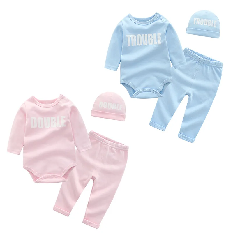 

New baby Clothing Sets baby boys girls cotton Newborn bodysuits letter printed 3pcs long sleeve infant rompers+trousers+cap