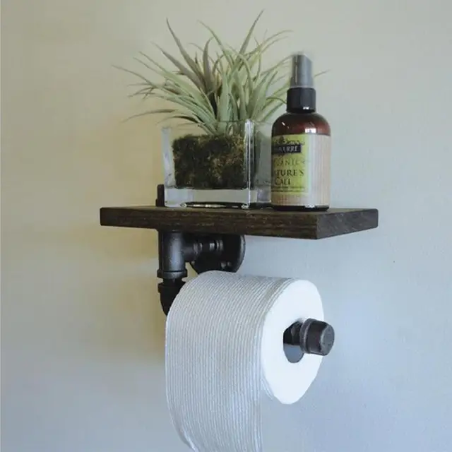 LanLan Wall Mounted Bathroom Shelf Rustic Style Pipe Design Wood Metal Toilet Organiser Rack LanLan Wall Mounted Bathroom Shelf Rustic Style Pipe Design Wood Metal Toilet Organiser Rack