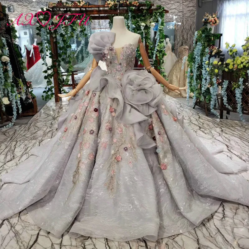 AXJFU роскошное серое кружевное свадебное платье принцессы без бретелек, украшенное бисером, кристаллами, большой розой, с вышивкой, розовая роза, накидка, настоящая фотография