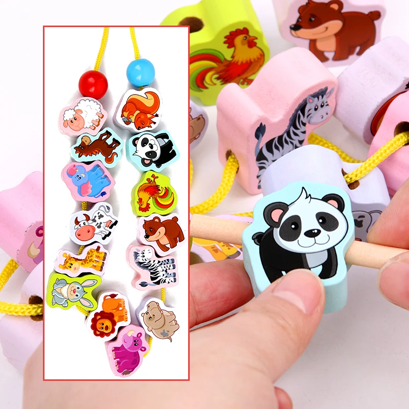 

Kids Toys Baby Wooden Toys Cartoon Animal Blocks Toys Stringing Lacing Wooden Threading Beads Game Educational Toys For Children