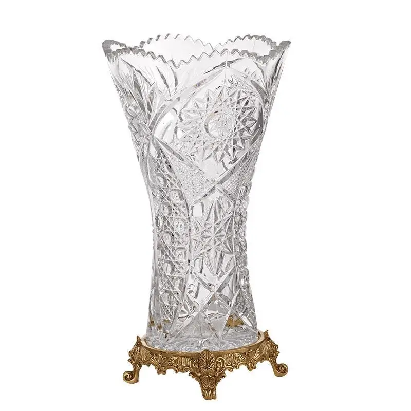 European Style Flower Decorative Vase Brass Base Luxury Modern Glass