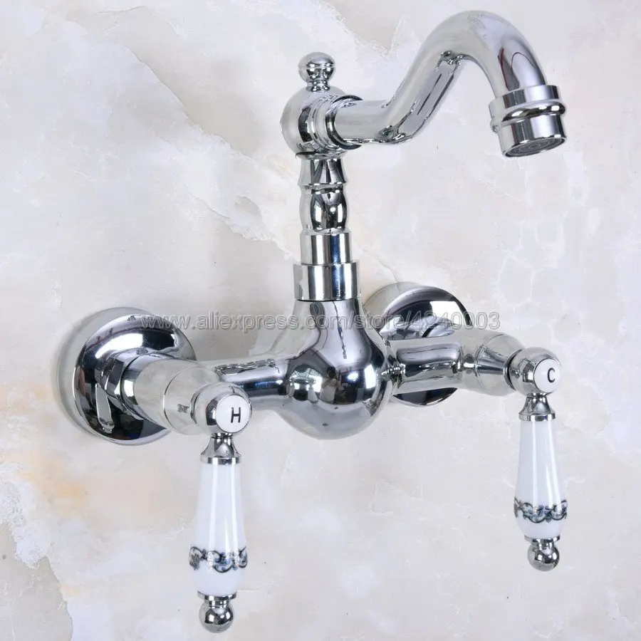 

Basin Faucets Chrome Finish Brass Bathroom Kitchen Faucet Swivel Wall Mounted Dual Handle Hot Cold Mixer Taps Kna956