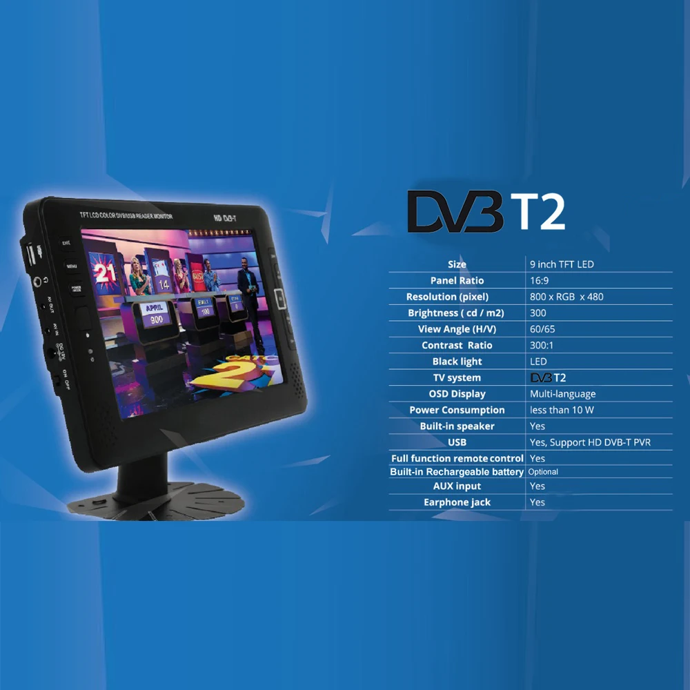 Liedao 9 дюймов портативный автомобильный телевизор телевизионная DVB-T2 цифровая система HD канальный приемник AV вход монитор PVR Запись программы