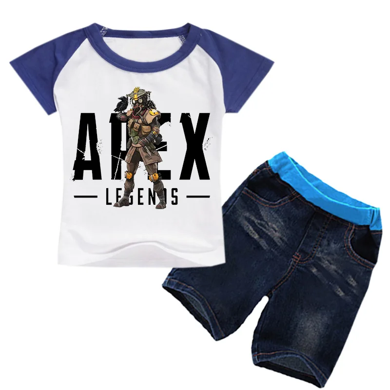 color 8 DLF/От 2 до 16 лет, новинка года, футболка с надписью Apex+ джинсовые шорты комплект из 2 предметов, комплект одежды для мальчиков-подростков, летняя одежда с рисунками для девочек, джинсы - Цвет: color 8
