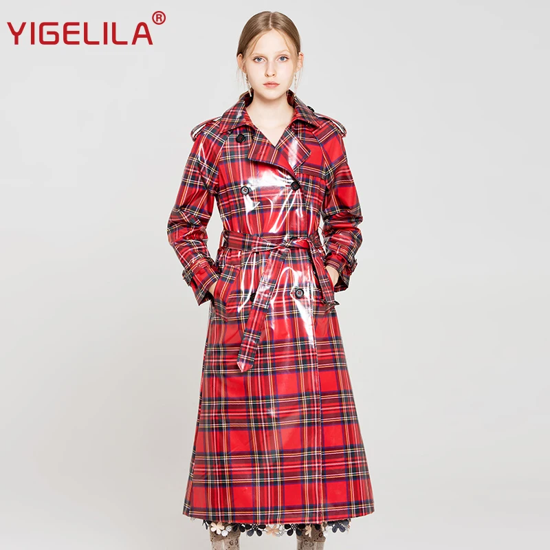 

YIGELILA Fashion Women Plaid Trench Coat Autumn Turn-down Collar Double Breasted Belt Slim Long Waterproof Coat 9834
