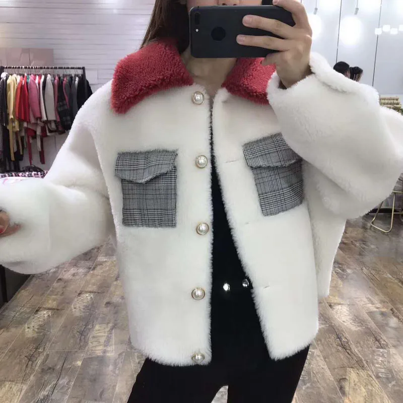 sheep fur coat female winter short jacket Pearl buttons and Cloth bag overcoat turn-down collar clothing Plus size wool blends