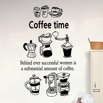 Coffee Shop Vinyl Wall Decal Coffee Machine Quote Coffee Time Art Wall Sticker Kitchen Coffee Shop Window Glass Decoration