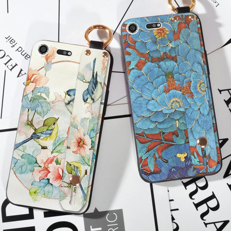 

Wrist Strap Flower Emboss Cases For Sony Xperia XZ F8332 XZ2 Luxury Silicone Cartoon Cloth Cover For Sony XZ Premium