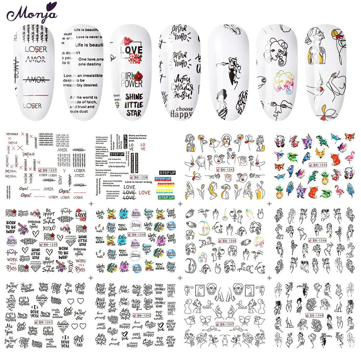 

Monja Nail Art 12 Styles/Sheet Animal Human Face English Abstract Image Watermark Sticker DIY Water Transfer Decal Manicure Tool