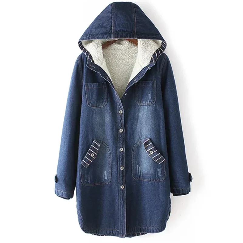 

Winter Denim Jacket Women Coat Long Parka Warm Fleece Velvet Pockets Hooded Outwear Manteau Denim Coat Jeans Parka Female YP0618