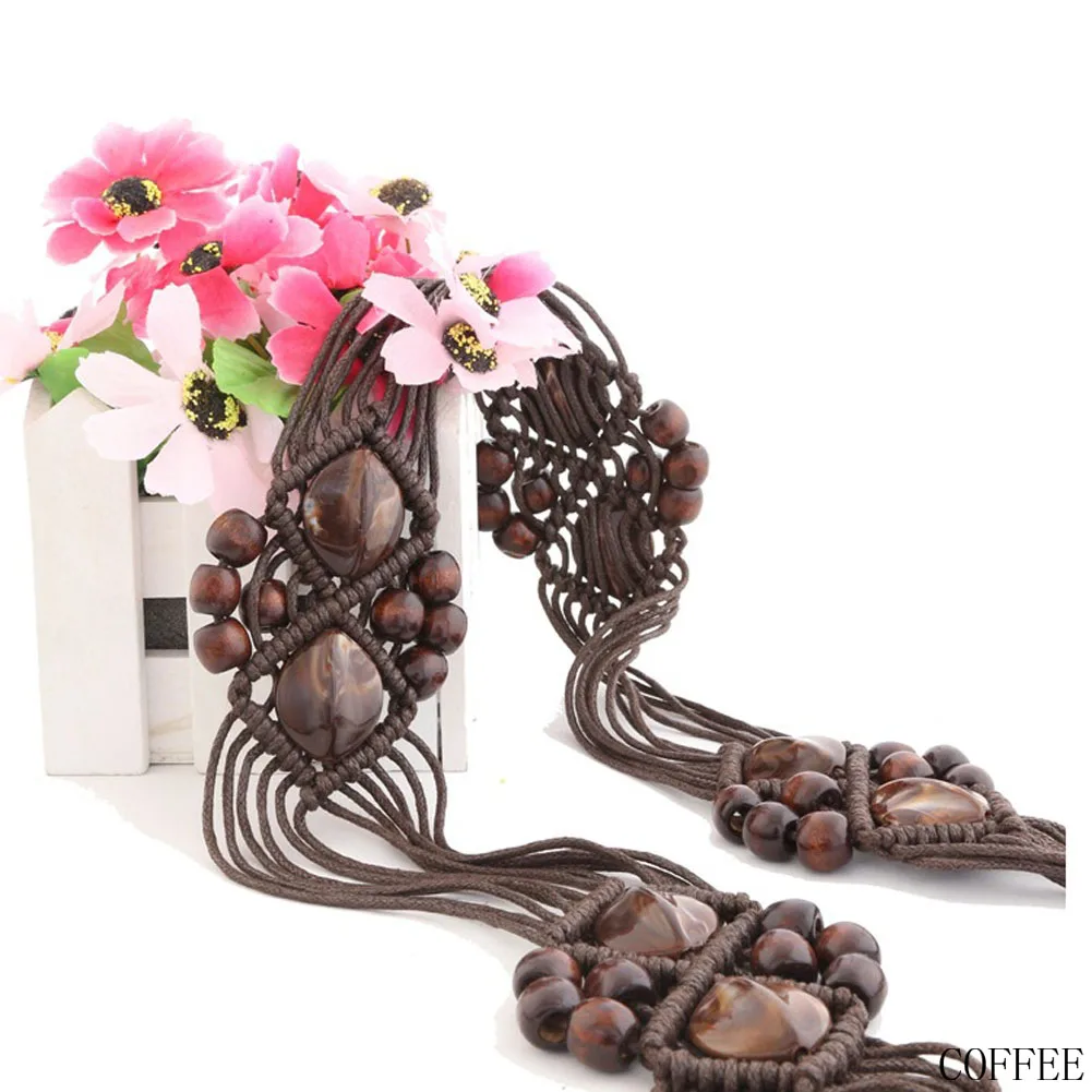 Hot Sale 2 Color Bohemian Wind Wax Rope Hand-woven Wood Beads Woven Belt Vintage Fringed Waist Chain National Belt