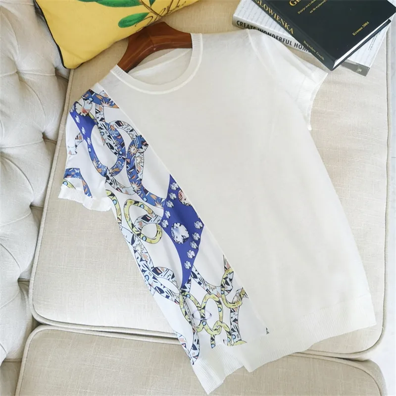 

Luxury Designer Brand Blouses for Women O Neck Short Sleeve Printed Rope Silk Spliced Knitted Blouses Shirts