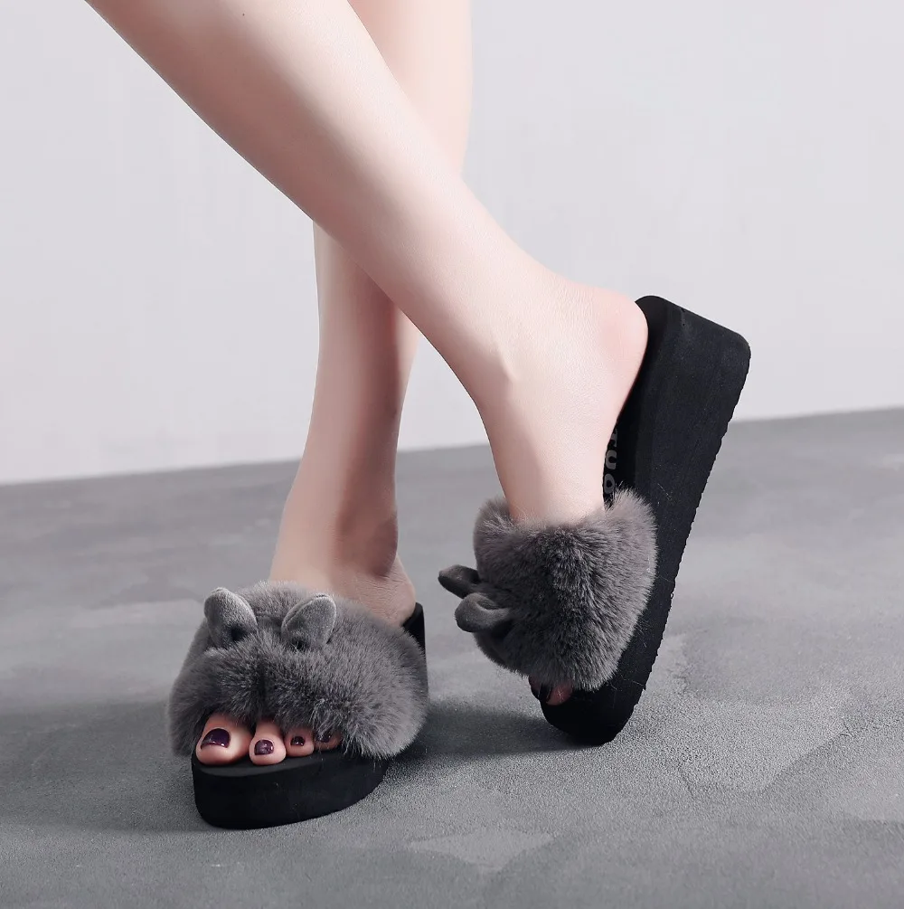 

EABXZ Autumn winter slippers casual shoes women's shoes Korean wave fashion student muffin wedges 6.5cm fluff rabbit ears Furry