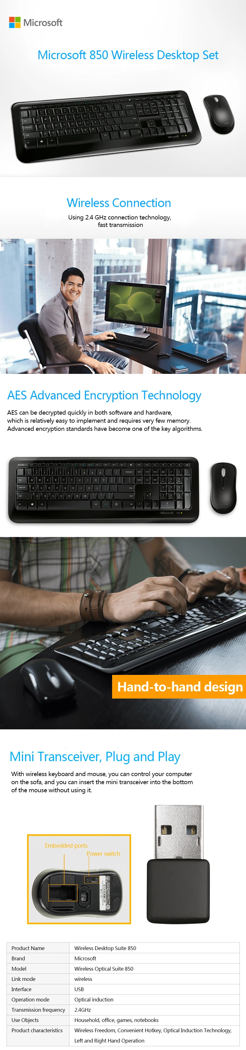 Microsoft 850 Wireless Keyboard Mouse Combos 800 Upgrade 2.4G Wireless Mouse Keyboard Suit English Keypad PC Computer