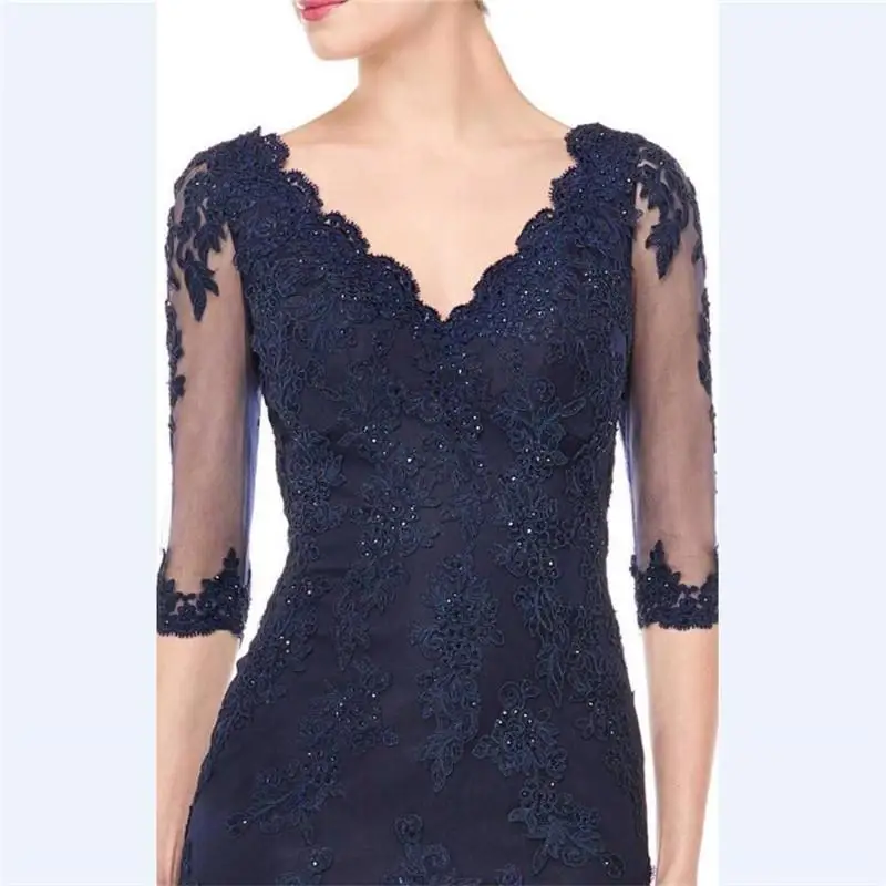 Vestido novia V шеи блестками Кружева Вечерние платья элегантный синий тюль Русалка пользовательские Половина рукава для матери невесты платья