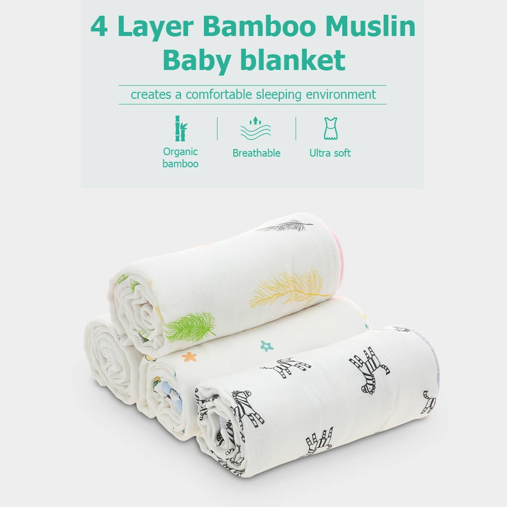 

53*40 inches Toddler Baby Muslin Blanket Adorable prints For Bed Stroller Crib Car Nursing Cover 4 Layer Bamboo Fiber Blanket