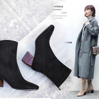 

22-26.5cm length big size Women Boots British style Leather velvet stretch boots casual fashion Square head thick with elastic