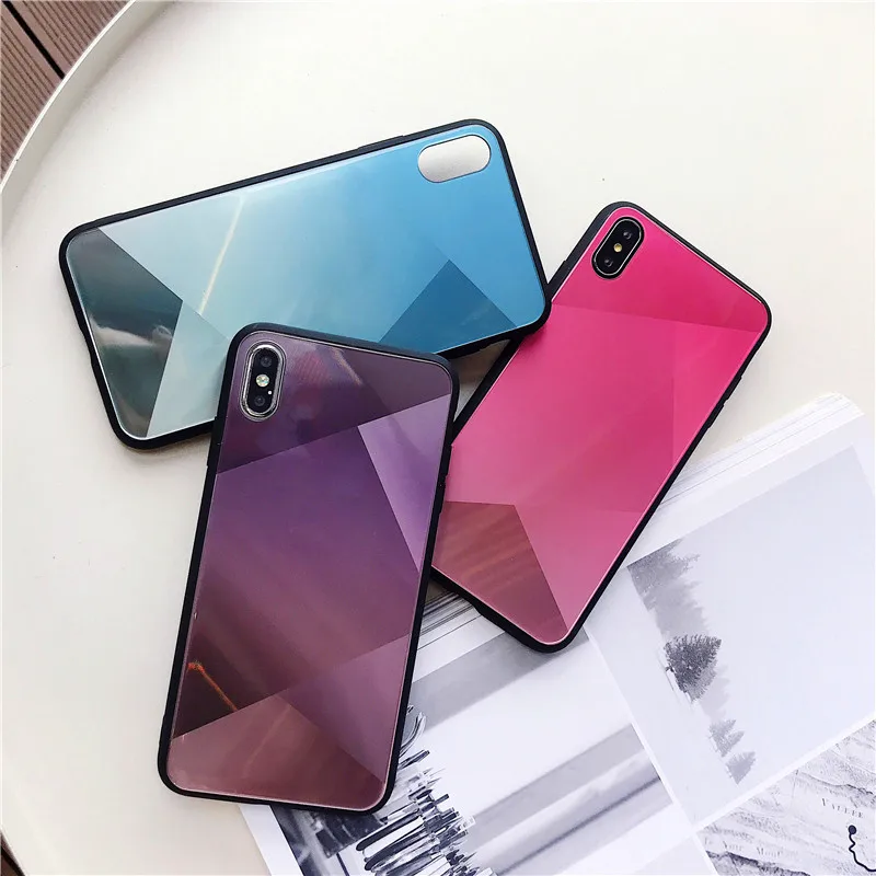strip-type Colourful gradient ramp square glass shell Red blue purple Phone Case For Iphone XS Max XR X 7 6 6S 8 Plus |