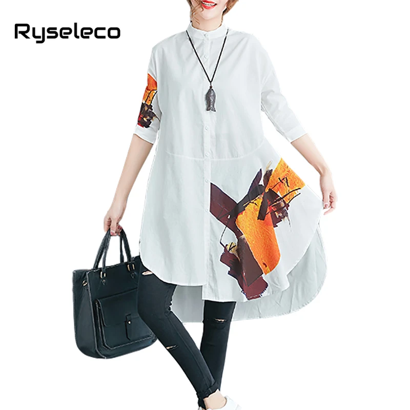 

New Women Fashion Irregular Slits Casual Summer Blouses Single Breasted Novelty Print Cotton Linen Tops Brief Loose Long Shirts