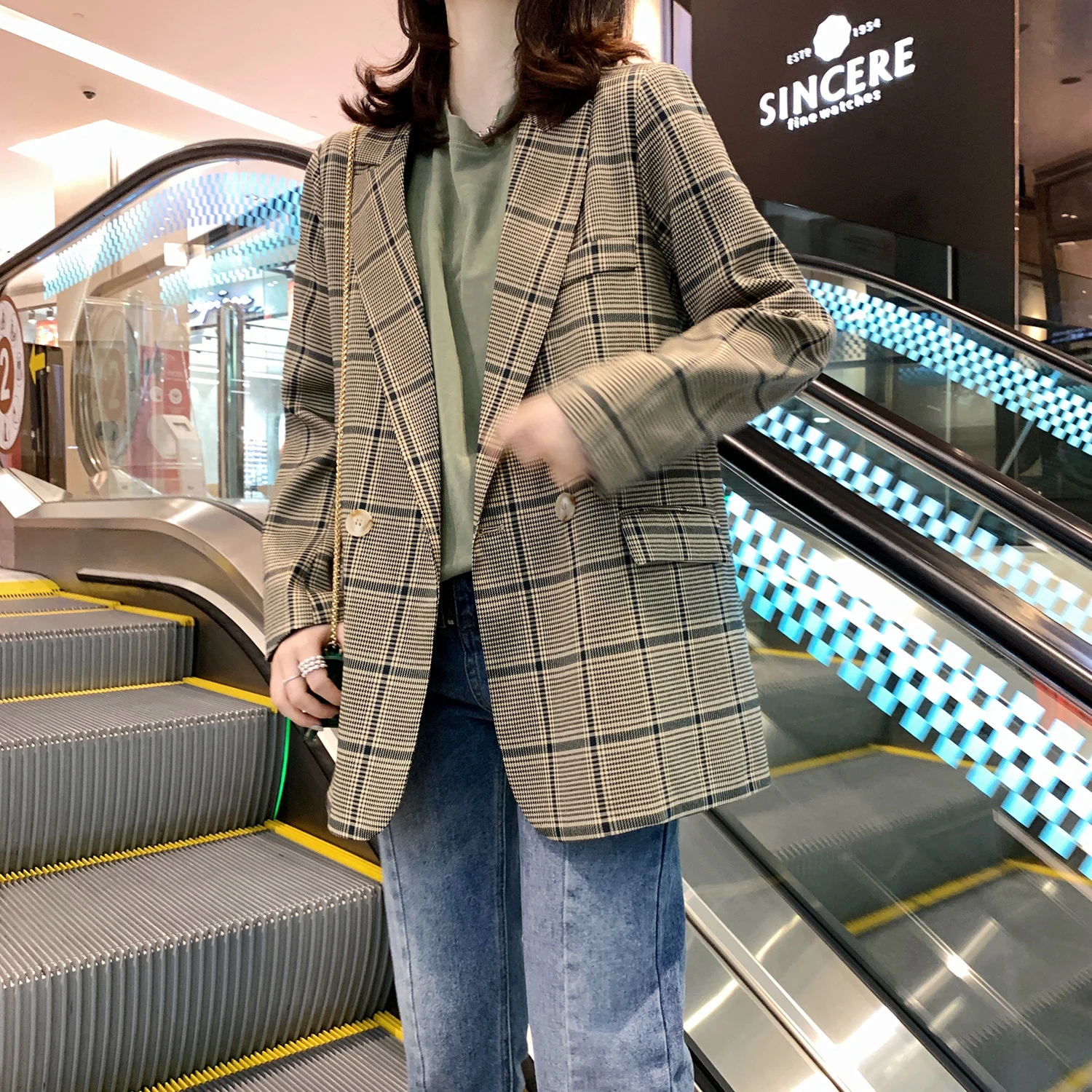 

Vintage 2019 spring women Office Lady Plaid Blazer Houndstooth Suit Jacket Female