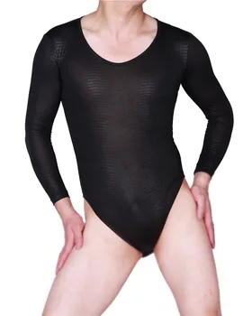 

2019 Men High Elastic Leotard Long-sleeved Siamese Soft Ultra Thin Stylish Black New