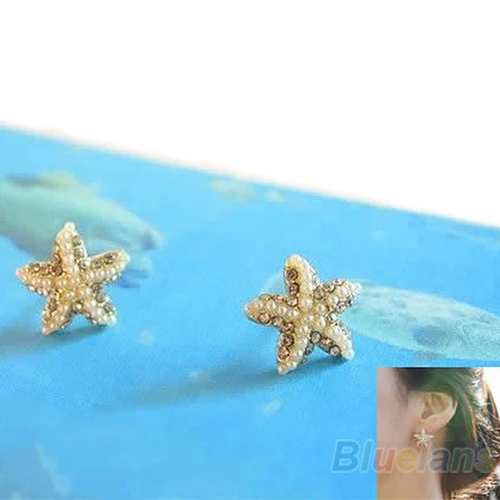 Bluelans/Очаровательные модные и Стразы Жемчуг Морская звезда серьги море