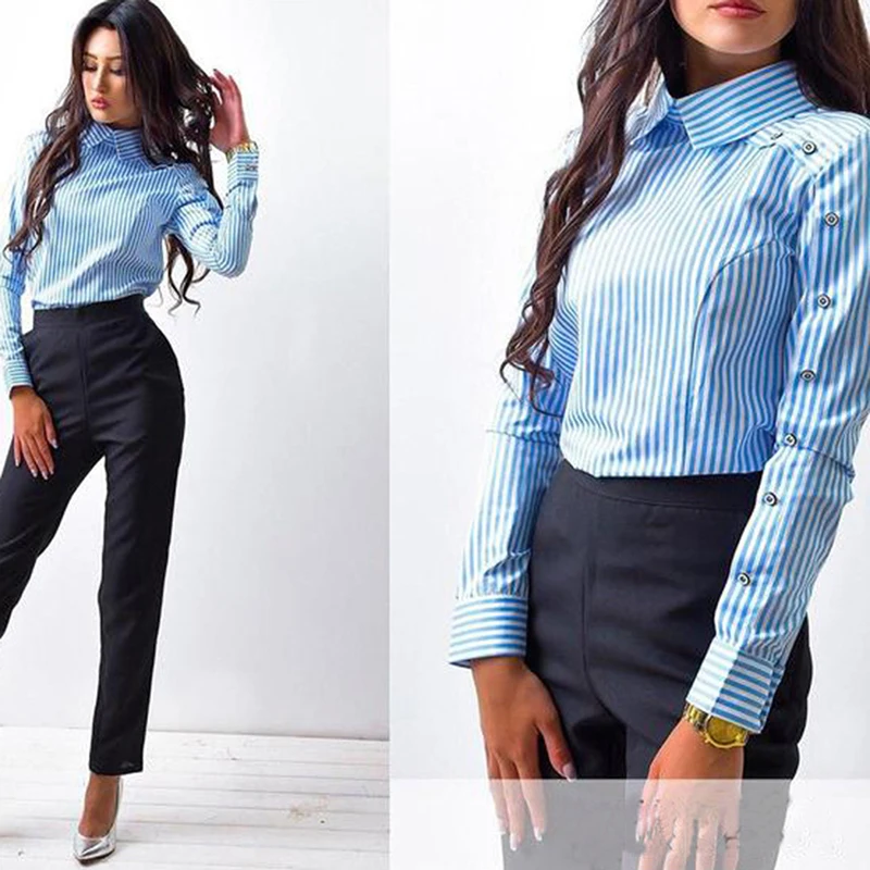 

New Office Lady Shirt Tops Female Long Sleeve Button turn-down Collar Strippe Shirts Womens Tops And Blouse Blusa