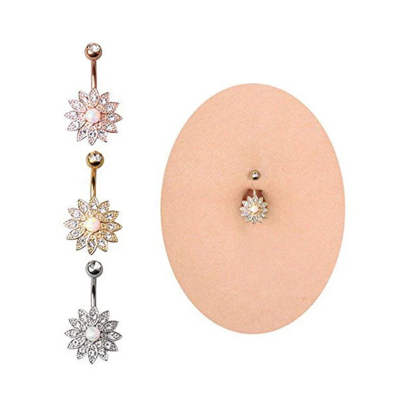

2019 1 pcs Pure Lotus Opal Belly Piercing Belly Button Rings Opal Navel Piercing Ombligo Body Jewelry Flower Belly Ring Earring