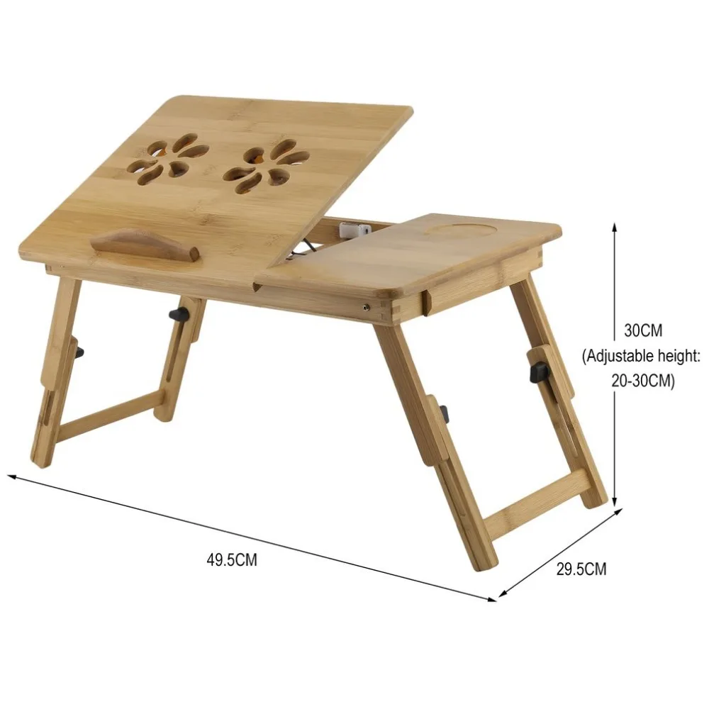 Classical Bamboo Computer Foldable Bed Office Sofa Laptop Stand Desk With Double Cooling Fan Drawer Adjustable Notebook Table