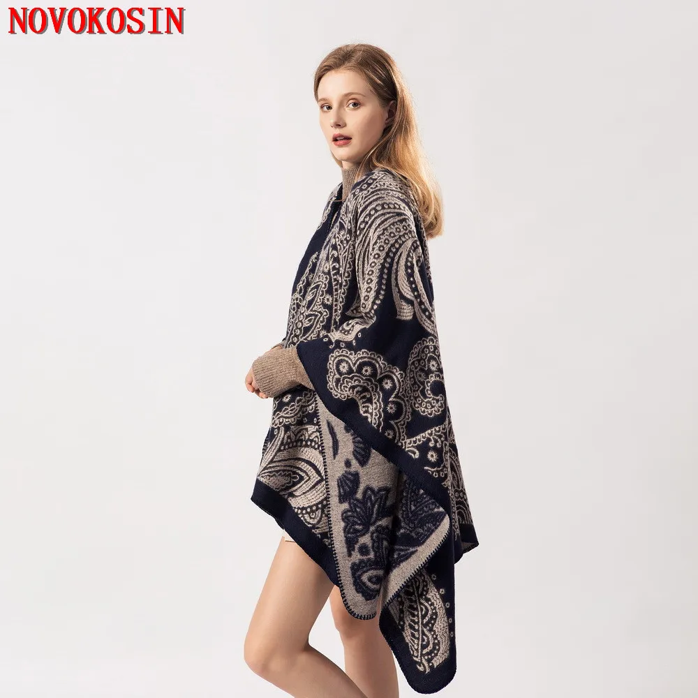 

RS8 2019 New Fashion Ladies Thick Printed Cashew Faux Cashmere Cloak Autumn Winter 7 Colors Poncho Women Long Warm Cardigan