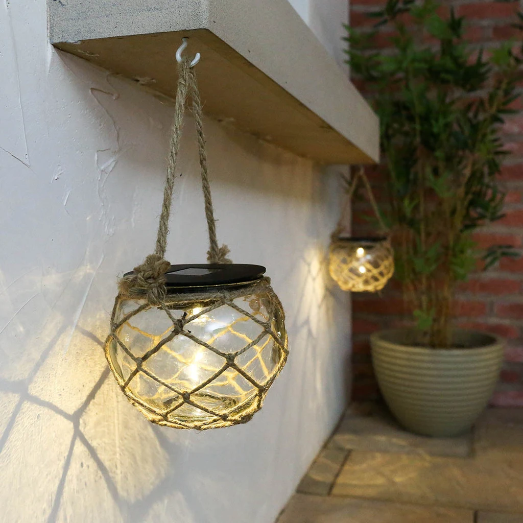 Vintage Solar Powered LED Hanging Glass Jar Rope Light Lantern Table Lamp