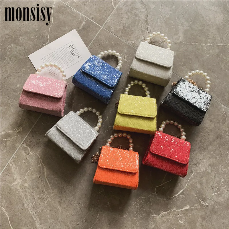 

Monsisy New 2019 Girl Coin Purse Shine Handbag Children Fashion Pearl Tote Bag Kid Sequined Shoulder Bag Baby Small Change Bag
